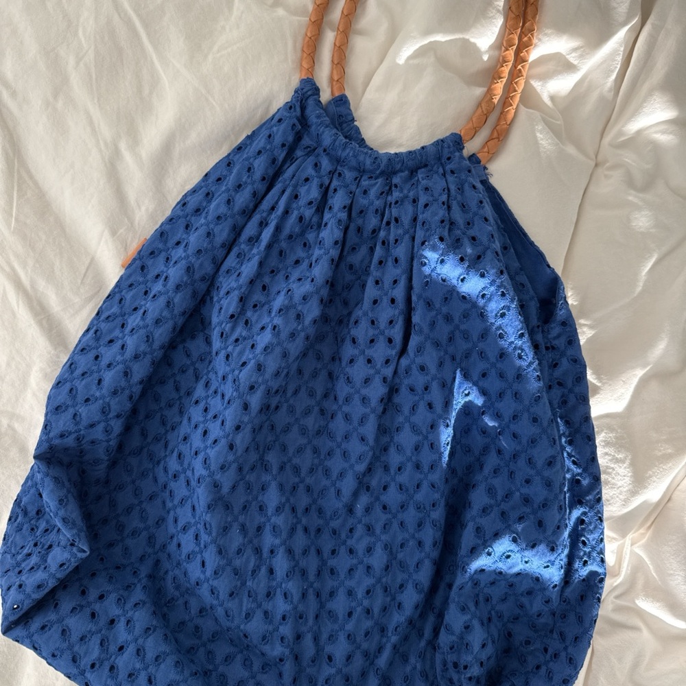 American Eagle Outfitters Blue Eyelet Tote Bag with Tan Handles